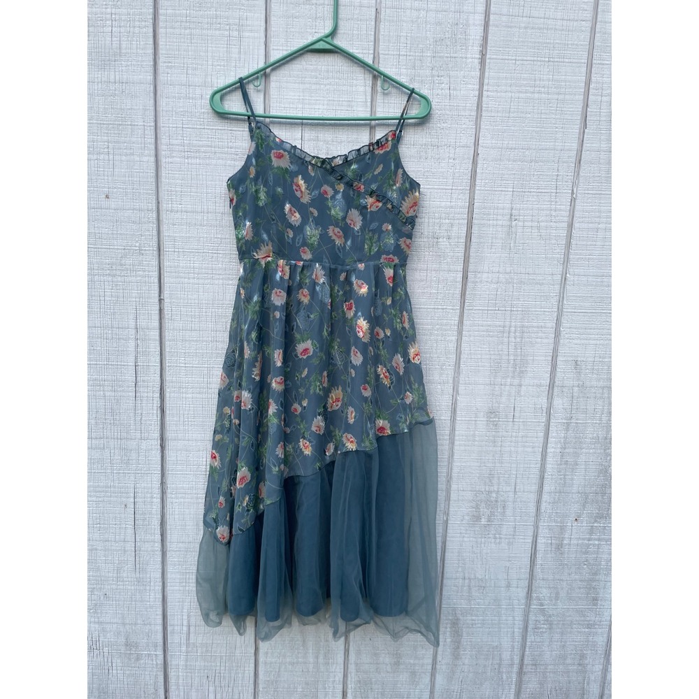 MEIZIDESIGN Floral FairycorebBlue Chiffon Ruffle Trim Slip dress Summerโ S